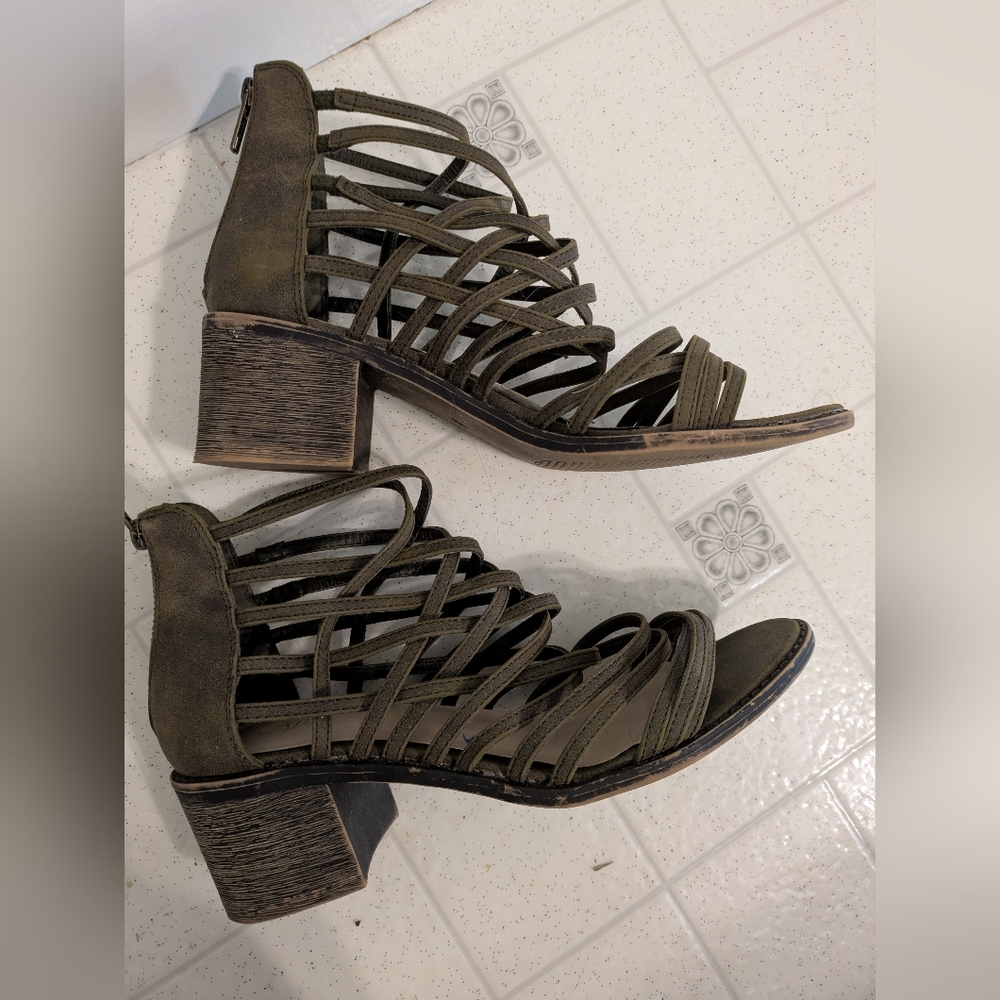 Strappy Olive Green Block Heel Sandals
